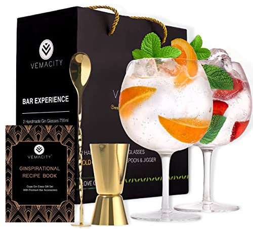 Vemacity Crystal Gin Glasses Set of 2 | Handmade Gin Glass Gift Set with Gold Cocktail Spoon, Measure & Recipe e-Book (PDF) | Aperol Spritz & Cocktail Glasses | Stylish Gift Box
