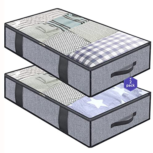Onlyeasy 2 Pack Large Underbed Storage Bags Organizer Container with 4 Handles and 2 Zippers Blankets Clothes Duvets Foldable Storage Bags with Clear Window