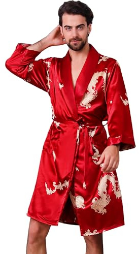 Haseil Peignoir kimono en satin pour homme - Dragon - Soie luxueuse - Manches longues - Rose rouge - Taille XL