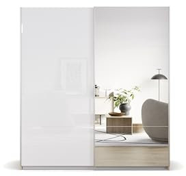 Rauch Möbel Subito Schrank Kleiderschrank Schwebetürenschrank in Eiche Sonoma / Glas Weiß mit Spiegel 2-türig inkl. Zubehörpaket Basic 2 Kleiderstangen, 2 Einlegeböden BxHxT 181x197x61 cm