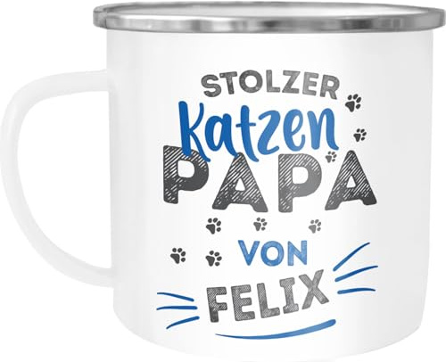 SpecialMe® Emaille-Tasse Becher Geschenk Katzenbesitzer Spruch personalisierbar stolze/r Katzenmama/Katzenpapa von und Katzen-Name Weiss-metall Emailletasse