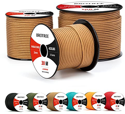 Brotree Paracord 3mm 50M 100% Nylon Seil Schnur Typ II Paracord 425 mit 3 Kern für Survival, Outdoor, Armband, Basteln - Bruchlast 192kg (Kojote Braun)