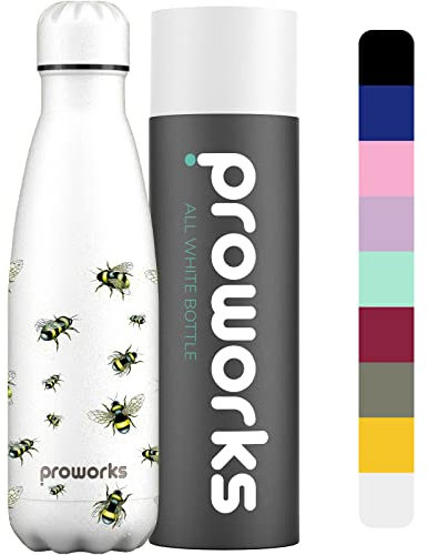Proworks Edelstahl Trinkflasche | 24 Std. Kalt und 12 Std. Heiß - Vakuum Wasserflasche - Isolierflasche für Sport, Laufen, Fahrrad, Yoga und Camping - 1L - Weiß Biene