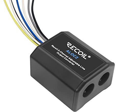 RECOIL ALOC2 2-Kanal-Lautsprecherkabel auf RCA Hi-Low Adapter, Einstellbarer Line-Out-Konverter mit Fernbedienung