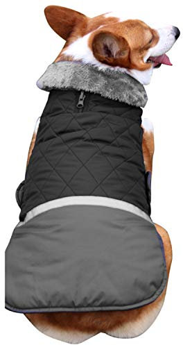 PETCUTE Hunde Wintermantel Wasserdichter Hundemantel für Den Winter Reflektierende Hundejacken mit Bauchschutz und Pelzkragen(Schwarz 2XL-Neck:58cm)