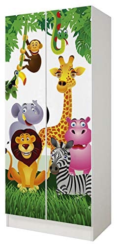 Leomark Weiß zweitüriger Kleiderschrank - Roma - funktionaler Schwebetürenschrank, Dim: 70 x 42,5 x 161,5 (H) cm, Schrank, Möbel für Kinder, UV-Druck: Tiere