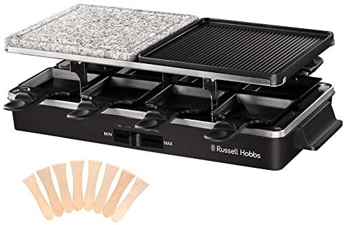 Russell Hobbs Raclette Grill 8 persone - 8 padelle e spatola in legno, 2 piastre grill da tavolo - Pietra naturale, Scanalatura liquidi, Piastra reversibile, Rivestimento antiaderente, 26280-56