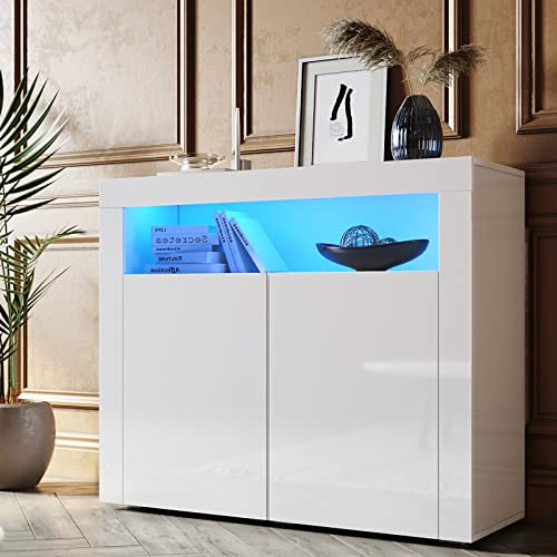 SONNI Aparador Comedor de Salón Estilo Minimalista con Luz LED, Buffet Moderno, Armario Auxiliar de Almacenamiento, Mueble de Cocina Organizador, Color Blanco Brillo, 108x40x92cm