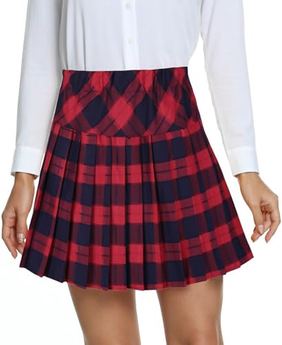 EXCHIC Femmes L'école Style A Ligne Elasticité Taille Haute Mini Plissée Jupe Plaid Ecossaise Kilt avec Pantalons(XXL, 5-Rouge)