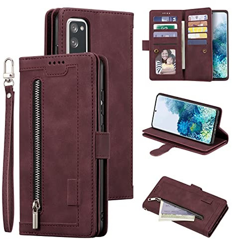 EYZUTAK Handyhülle für Samsung Galaxy S20 FE 5G Hülle,Flip Case Lederhülle Reißverschluss Magnetverschluss Brieftasche mit 9 Kartenfächern Standfuntion Retro Matt Ledertasche-Tiefrot