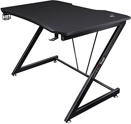 Trust Gaming GXT 711X Dominus Gaming Schreibtisch, Ergonomischer Computertisch mit Headset und Getränkehalter, Stahlgestell, Kabelmanagementsystem, Gaming PC Tisch, 112 x 72 cm, Schwarz