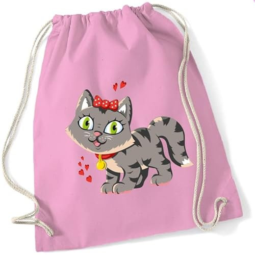 Turnbeutel für Kinder | Motiv kleine Katze mit Herzchen | Schuhbeutel Sportrucksack Jutebeutel zum Zuziehen für Mädchen & Jungen | Stoffbeutel mit Kordel für Schule Kindergarten Freizeit (Rosa)