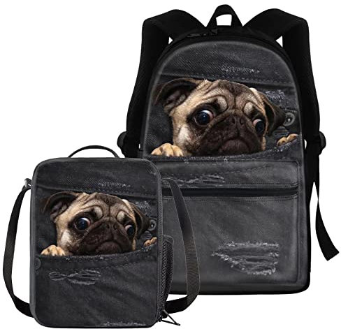 chaqlin 2-in-1-Schultaschen-Set, Picknick-Tragetasche, isolierte Lunch-Taschen für Jungen und Mädchen, Denim Mops, Einheitsgröße