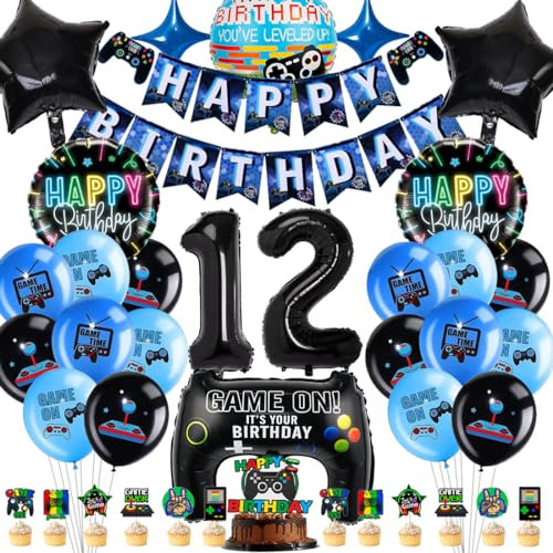 Videospiel Geburtstagsdeko 12 Jahre, Geburtstag 12. Junge Spiel,Gamer Party geburtstag Deko Set, XXL Gaming Controller Folienballons Set mit Banner Cake Topper,für Junge Geburtstag Spielthemen Party