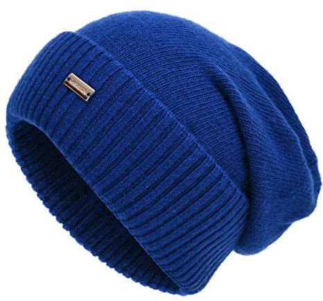 jaxmonoy Kaschmir-Mütze für Damen, Winter, leicht, Wolle, Strickmütze, Bündchen, weich, warm, Slouch-Beanie-Mütze, kobalt, M