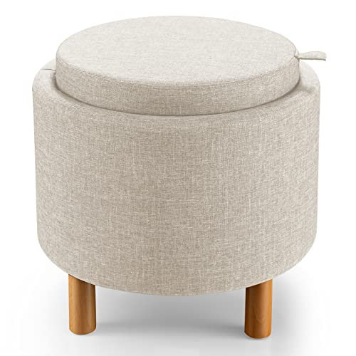 Multigot Storage Ottoman, Round Padded Footstool with Hidden Storage Space and Removable Lid, Compact Seat Box Chest for Living Room, Bedroom and Office (Beige)