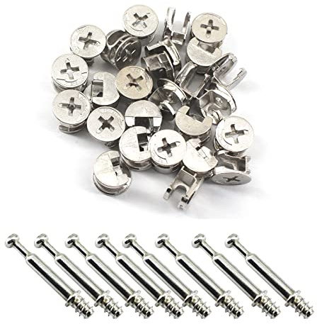 Medifier 25 unidades de conectores para muebles, tornillos de fijación, cerradura excéntrica de leva con tacos autorroscantes de metal, tornillos para armario, cajón, armario, muebles, panel de