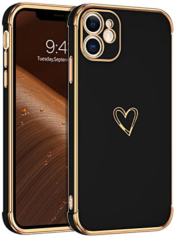 GUAGUA Handyhülle für iPhone 12 Mini Hülle Cute Herz Muster Galvanisierte Kameraschutz Stoßfeste Silikonhülle Weich TPU Silikon Schutzhülle Dünn Hülle Silikon case für iPhone 12 Mini, Schwarz