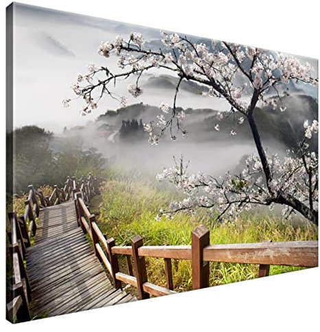Estika Leinwandbild - Japan, Kirschblüte, Berge - 90x60 cm, 1-teilig, Wanddeko für Wohnzimmer, Schlafzimmer, Flur - Naturbild auf Leinwand