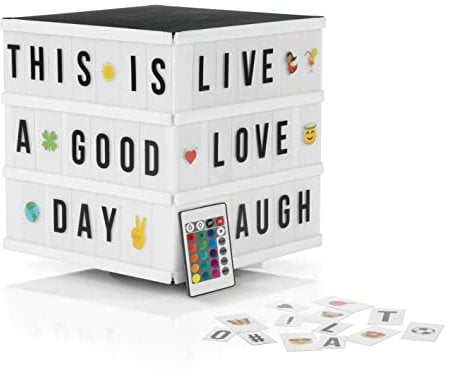 EASYmaxx LED-Leuchtkasten Light Box - Für individuelle Textbotschaften | Mega-Set mit 150 bunten Emojis und 173 austauschbaren Buchstaben, Zahlen und Symbolen [Würfel]