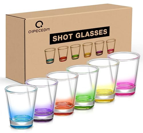Qipecedm Set di 6 bicchieri da tiro con base pesante, 45,4 g di bicchieri colorati sfuse, vetro trasparente, tazze di tequila, bicchieri da shot per whisky, tequila, vodka, liquori e liquori
