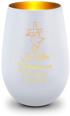 GRAVURZEILE Deko Windlicht aus Glas mit Gravur - Im Stillen Gedenken - Personalisiert mit Namen & Datum - Grabschmuck und Grabkerze - Trauerlicht zur Beerdigung oder als Andenken - Weiß/Gold