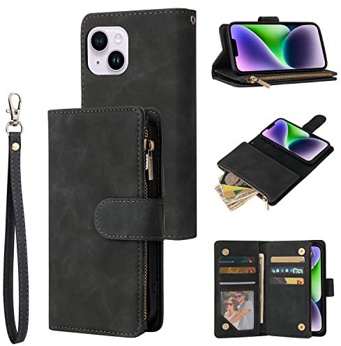 QLTYPRI Case for iPhone 15 6.1 inch, Large Capacity Leather Wallet Case 6 Card Holder & 1 Zipper Pocket Kickstand Wrist Strap Magnetic Case for iPhone 15 - Black