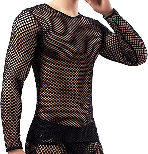 YOOBNG Men's Fishnet Undershirt Mesh Long Sleeve Tops Shirt Hollow Out Muscle Tank Shirts
