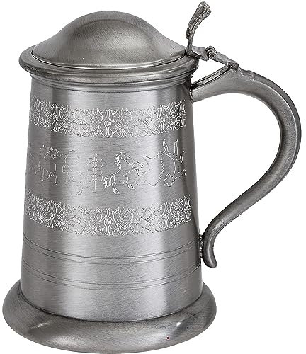 I LUV LTD Peltro con Coperchio Boccale 1 Pinta Scena Medievale con Animali da Caccia Finitura Anticata Maniglia del Cigno Puro Birra Boccale Regali Personalizzati per Uomini e Donne