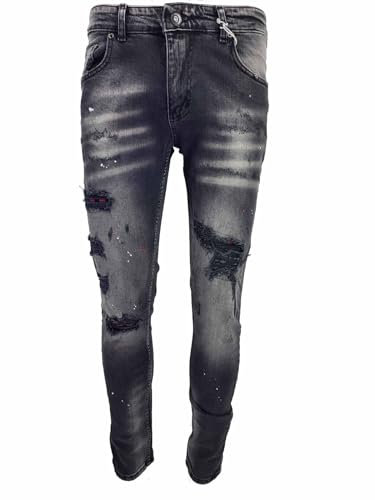Georgio Peviani Mens Slim Fit Stretch Ripped Paint Splatter Distressed Denim Jeans (UK, Waist & Inseam, 40, 32) Black