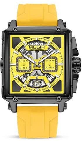 FORSINING Analoge Quarzuhr für Herren, lässig, quadratisches Zifferblatt, Silikonband, modisch, Business, wasserdicht, Datumsanzeige, gelb, Armband