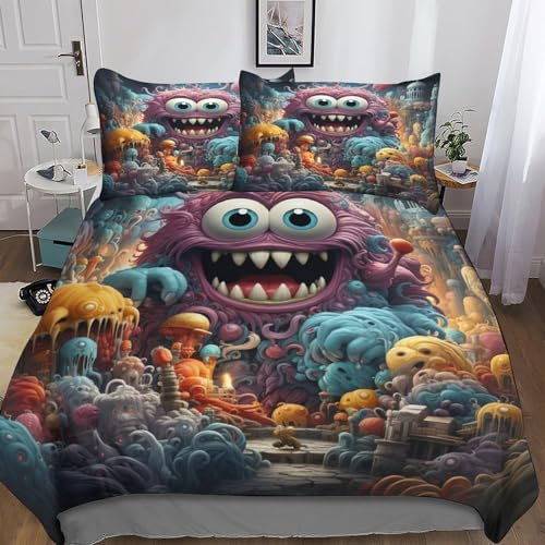 MEFESE Monster 3D-Gedruckter Bettwäsche-Set Mit Bettbezug-Set Bedruckt Für Kinder Teenager ErwachseneTagesdecke Bezug Mit Weich Leicht Leichte Kleine Monster Duvet Cover 3-Piece Double（200x200cm）