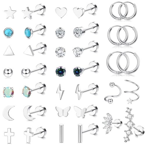 JeweBella 19 Pairs Flat Back Earrings for Women Men Surgical Steel Earrings Hypoallergenic Zirconia Star Moon Stud Earrings Silver Helix Earrings Cartilage Hoop Earrings Set for Multiple Piercings