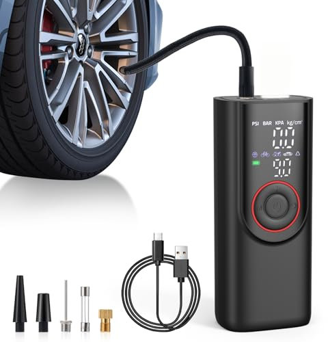 Helmsyde Compressore Aria Portatile Auto 150PSI 6000mah Compressa Pompa Elettrica 12V DC Gonfiatore Bici Mini Tire Compressor con 4 Ugelli, Manometro Digitale, Luci LED per Moto Biciclette Palloni