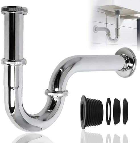 Sifón universal para sifón, sifón para lavabo de acero inoxidable, tubo de drenaje ajustable, aspiración de baño lavabo de baño G1-1/4, lavabo de desagüe con manguito de goma