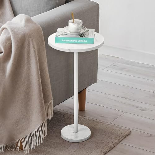 Smusei Kleiner Weißer Runder Couchtisch mit Marmorsockel - Beistelltisch für Wohnzimmer, Schlafzimmer und Kleine Plätze, 32CM, Weiß