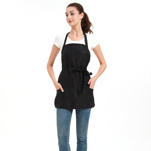 Syzornk Kurze Schürzen für Damen mit 3 Taschen, wasserdichte Kochschürze zum Kochen, Küchenschürze für Herren, zum Grillen und Grillen, Schwarz, Einheitsgröße