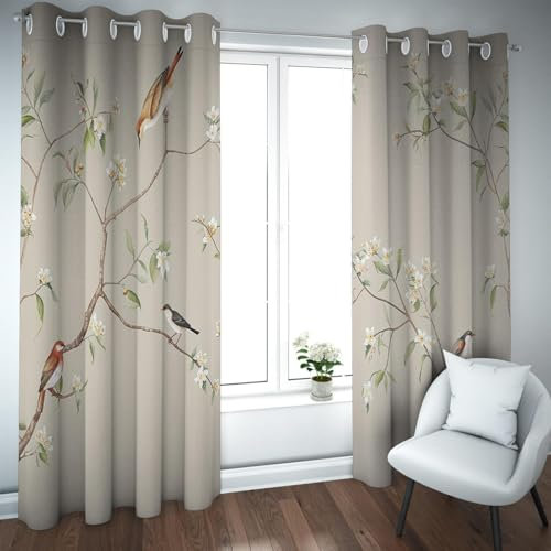 LANDOCROWN Verdunkelungsvorhänge Blume Pflanze Baum AST mit grünen Blättern Muster 2 Paneele Fenster Vorhänge Asiatischer Stil Vögel Drucke Vorhang 2X B107 x H183 cm