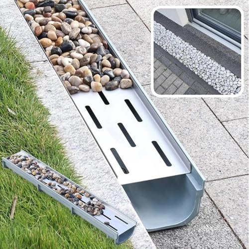 Entwässerungsrinne Rinnenablauf mit Gitter, 99,1 cm lang, Beton-Bodenablaufrinne für den Außenbereich, niedrige Rinnengitter für Befüllen mit Kieselsteinen, Steinen, Felsen, U-förmiger Regenablauf, fr