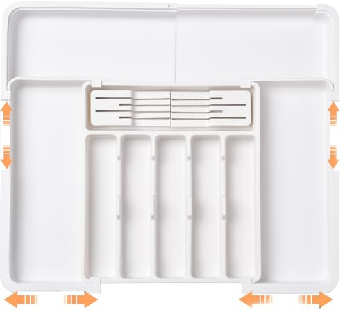 ZHUIYIWIN Range Couverts Extensible pour Tiroir Cuisine avec 2 Blocs de Couteaux Amovibles et 9 Compartiments, Organisateur Réglable, Blanc