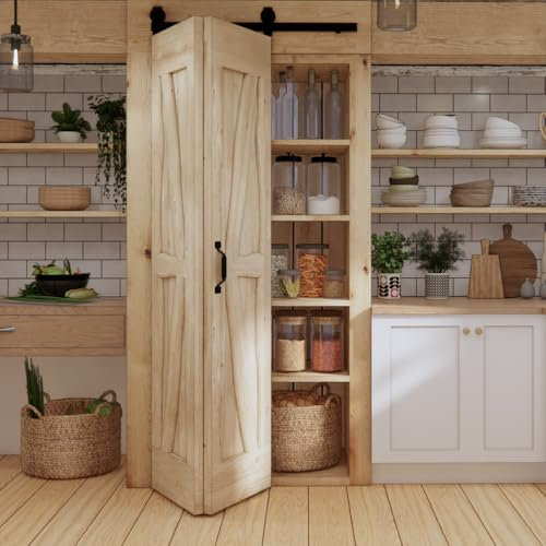 SEART Porte coulissante en chêne massif avec ferrure de porte coulissante bifold 100 x 210 cm (bois brut)