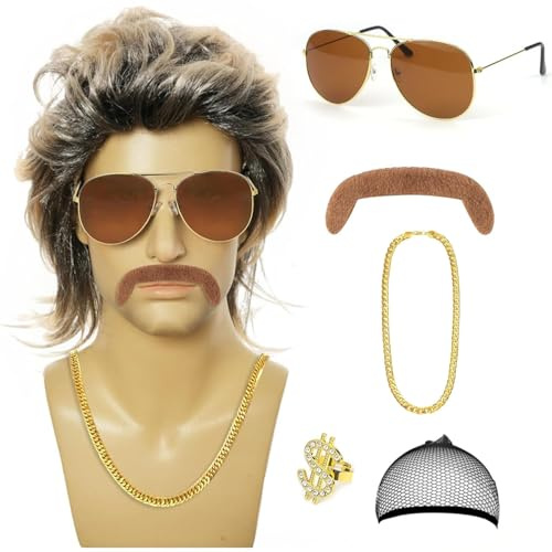 MIVORA 6er Set 80er Jahre Outfit, Herren Perücken, 70er-80er Kostüm, Vokuhila Perücke, Männer Karneval Fasching, Perücke Faschingskostüme Halloween Party