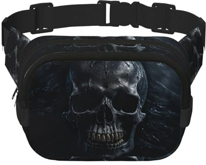 Bauchtasche mit Verlängerung für Herren und Damen, mit Totenkopf-Motiv, mit Reißverschlusstaschen, Schwarz, Schwarz, Einheitsgröße