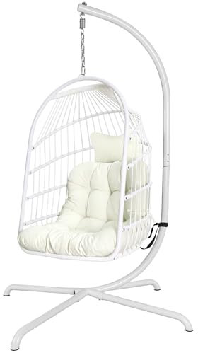 Silla Huevo con Soporte Ultra Fuerte y cojín Plegable de Mimbre y ratán Silla Colgante Silla de Interior al Aire Libre Silla Hamaca Silla de 330 Libras de Capacidad Balcón Porche Dormitorio Jardín