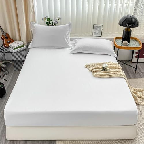 KnSam Betttuch 120x200cm Dünn, Spannbettlaken Wasserbett Einfarbig Weiß Faltenresistent und Ausbleichen, Polyester Spannbettuch Laken für Boxspringbett & Wasserbett