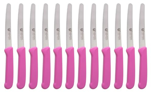GRÄWE Tafelmesser 12 Stück, Messerset zum Schneiden, 12er Pack Brötchenmesser, Frühstücksmesser mit einseitigem Wellenschliff, Brotmesser, scharfe Messer für Brotzeit, 21 cm - Pink