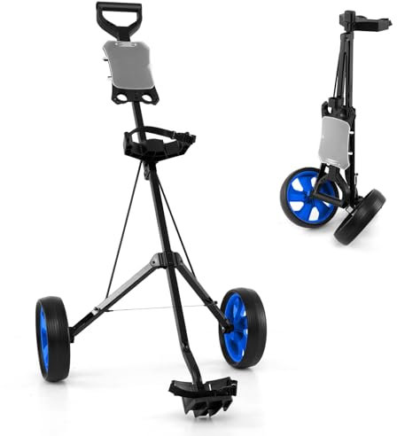 GYMAX 2 Wheel Golf Cart, Lightweight Folding Golf Trolley with Scoreboard, Steel Golf Push Pull Cart (Blue)