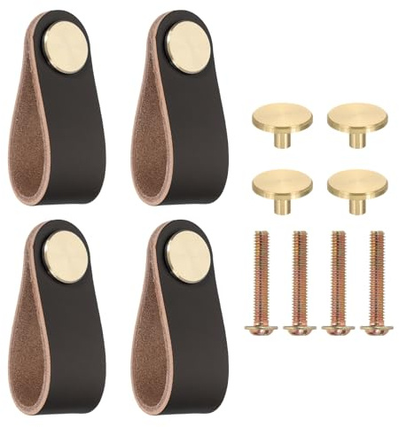 PATIKIL Leather Drawer Pulls, 4 Pack Leather Handle Center Cabinet Dresser Knobs with Screws for Dresser Cupboard Closet Doors, Black