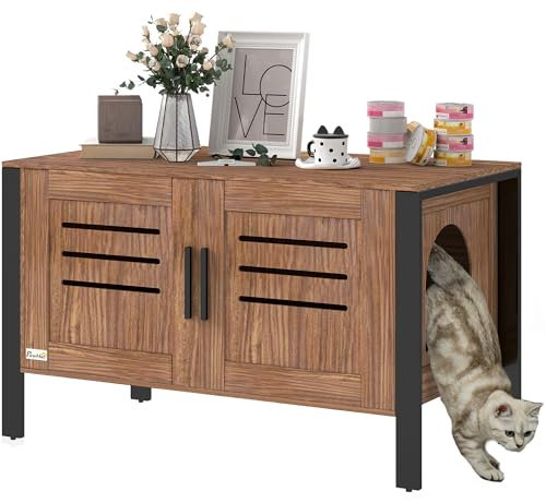 PawHut Cat Litter Box Enclosure, Hidden Litter Box Furniture Washroom with Tall Legs, Scratching Board, Double Doors, Ventilation Holes, Indoor Cat House Side End Table, 80 x 45 x 50 cm, Dark Brown