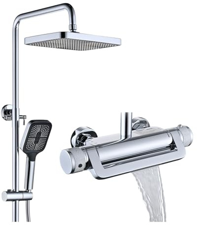 Colonne de Douche Thermostatique avec Mitigeur, Ensemble Système Douche Mural Kit Set de Douche 3 Fonctions avec Douche de Tête, Pommeau de Douche, Bec de Baignoire Cascade Réglable (Chrome)